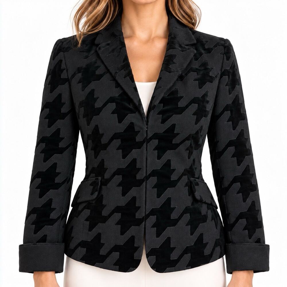 Akris Punto Jacket Women US 8 Black Wool Blend Velvet Houndstooth Texture Blazer